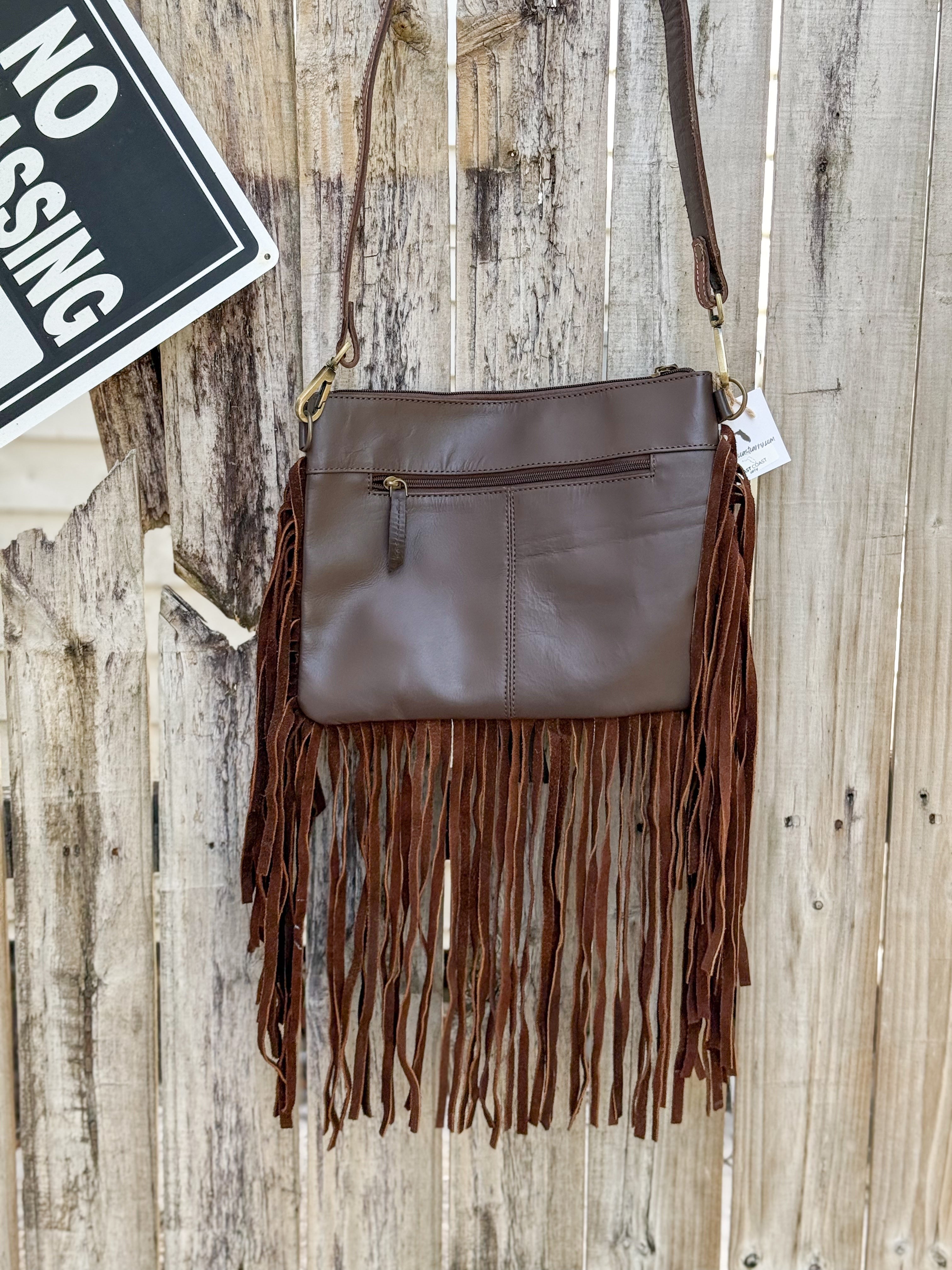 Southwestern Cowhide Fringe Crossbody Bag | Tooled Leather Western Purse