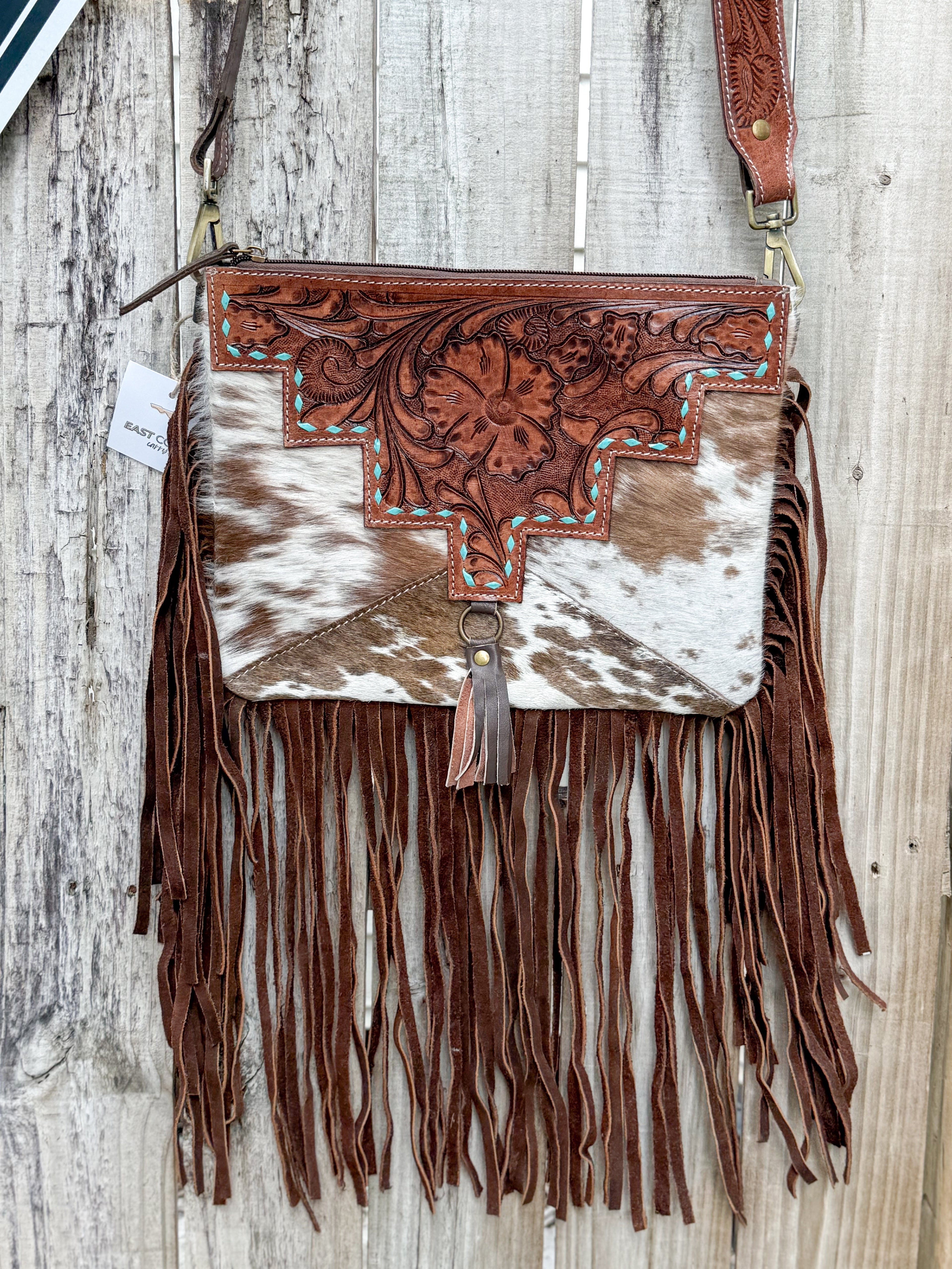 Southwestern Cowhide Fringe Crossbody Bag | Tooled Leather Western Purse