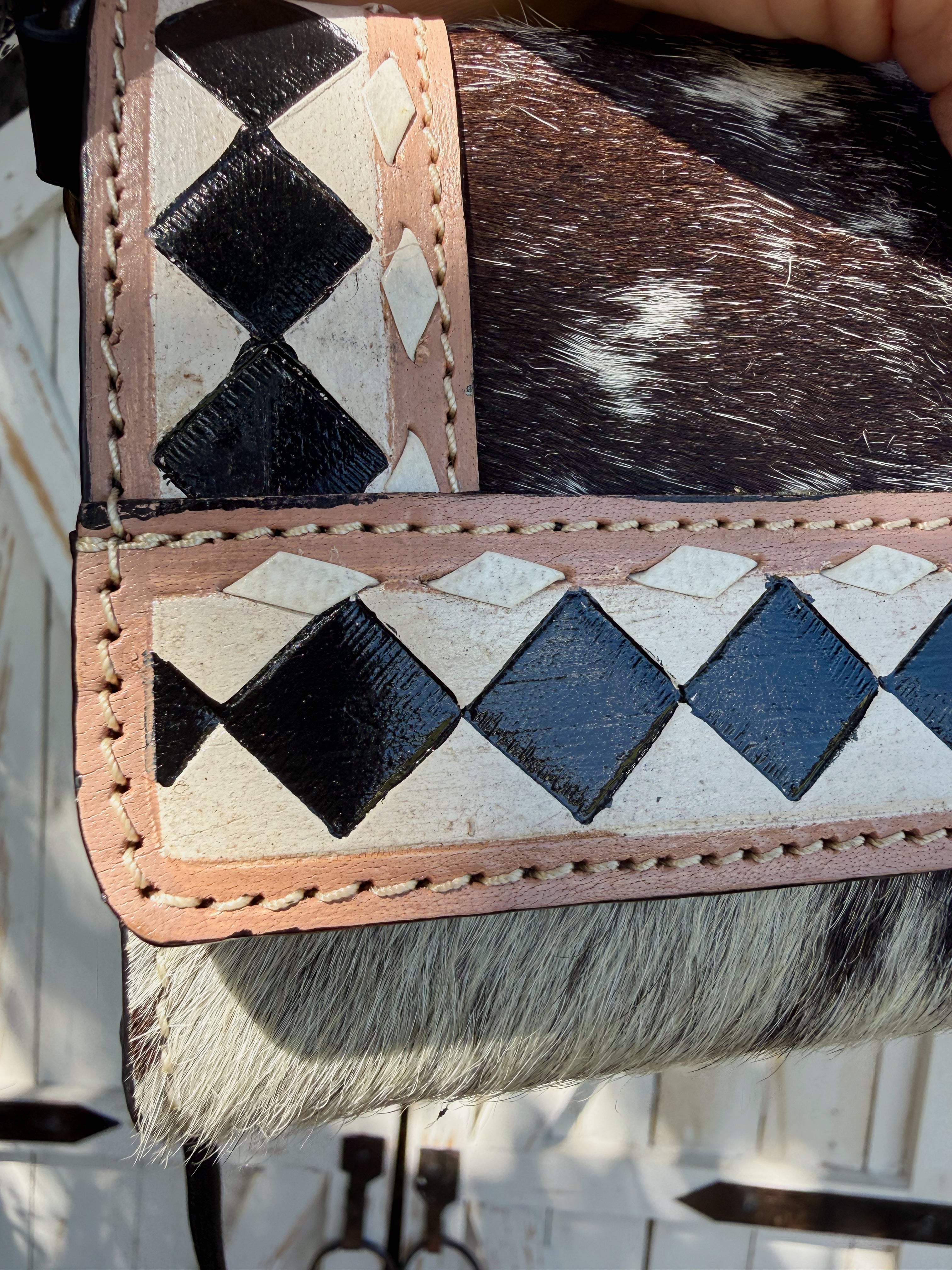Speed Check Diamond Clutch | Black and White Cowhide Leather Diamond Checkered Convertible Clutch