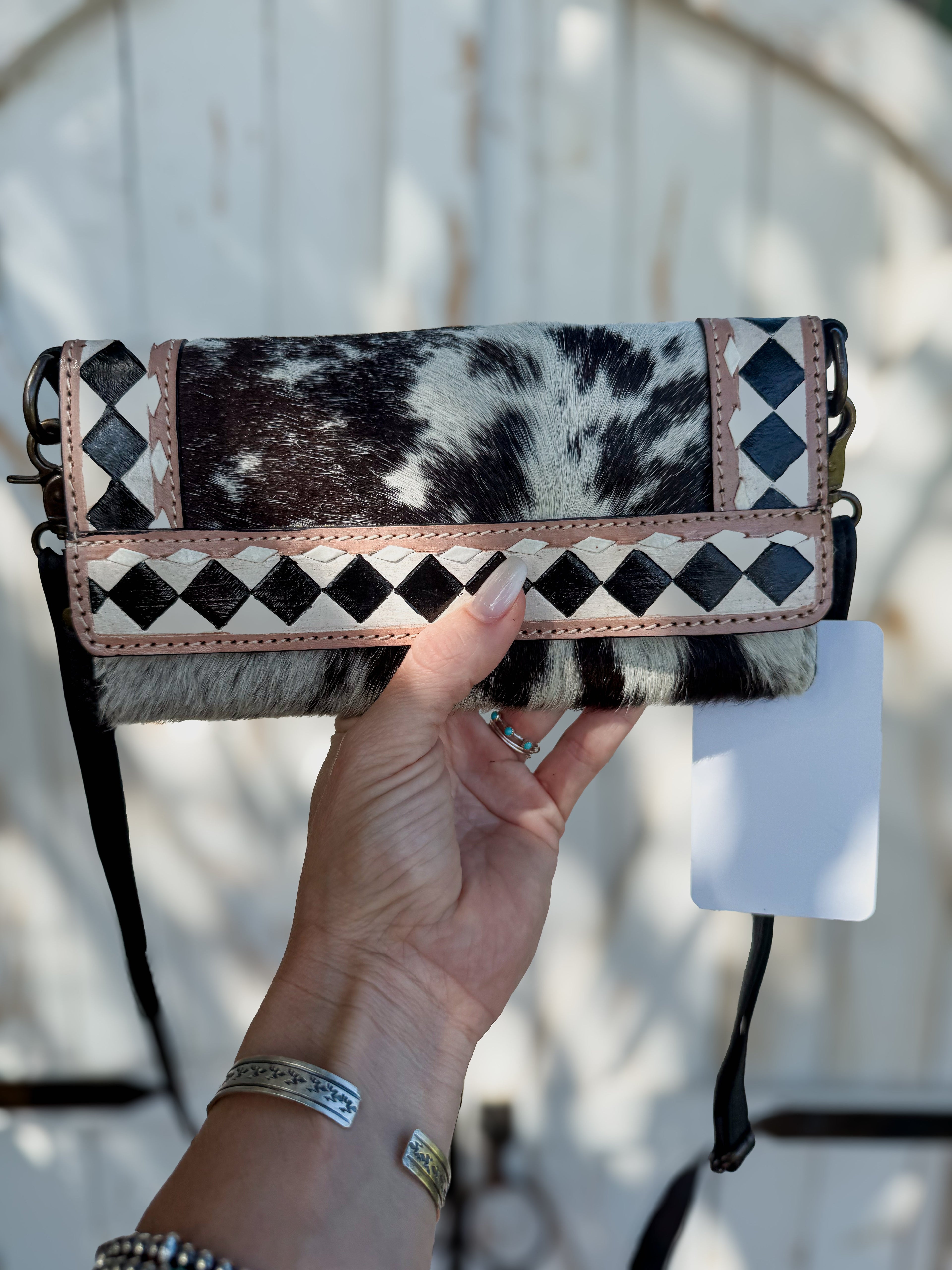 Speed Check Diamond Clutch | Black and White Cowhide Leather Diamond Checkered Convertible Clutch