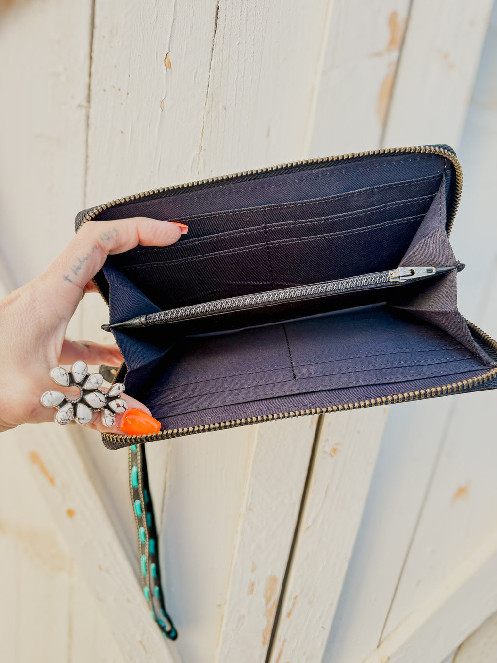 Painted Turquoise Cowhide Phone Wristlet | Tooled Leather Zip Wallet with Detachable Strap, Western Phone Wallet