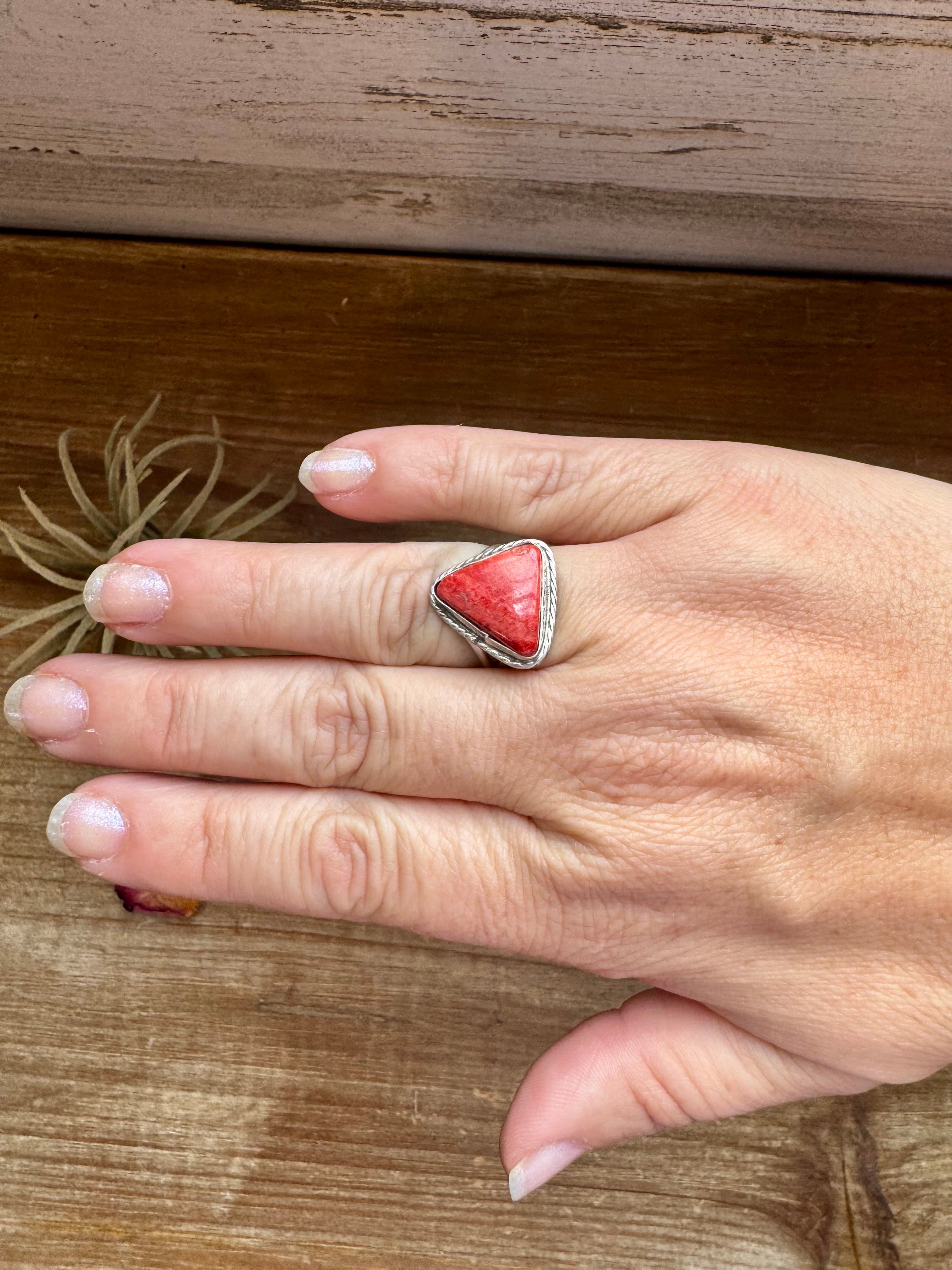Ring - Size 8  -Red Spiny & Sterling Silver