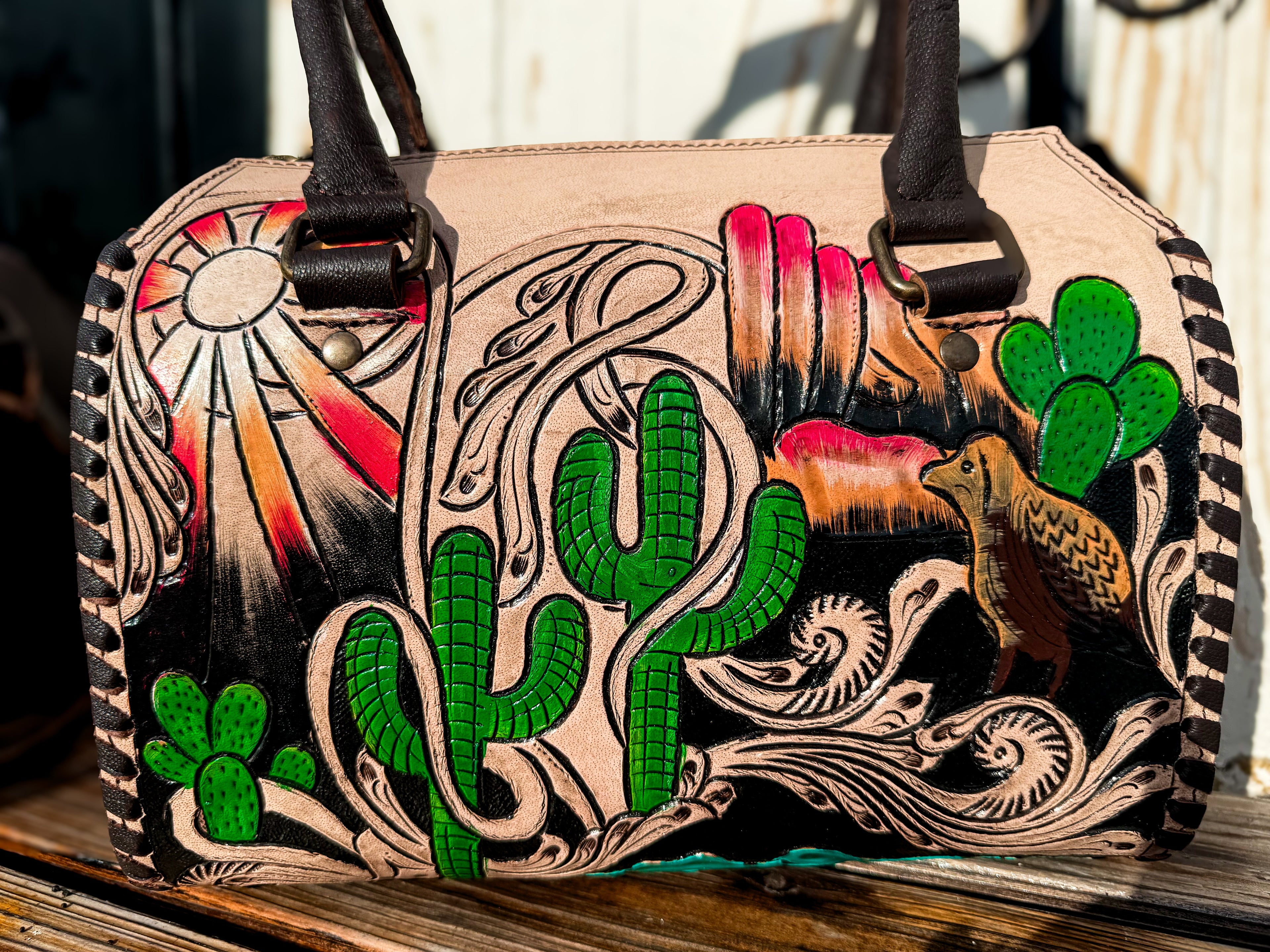 Desert Mirage Tooled Leather Speedy Bag | Hand Painted Western Satchel & Crossbody