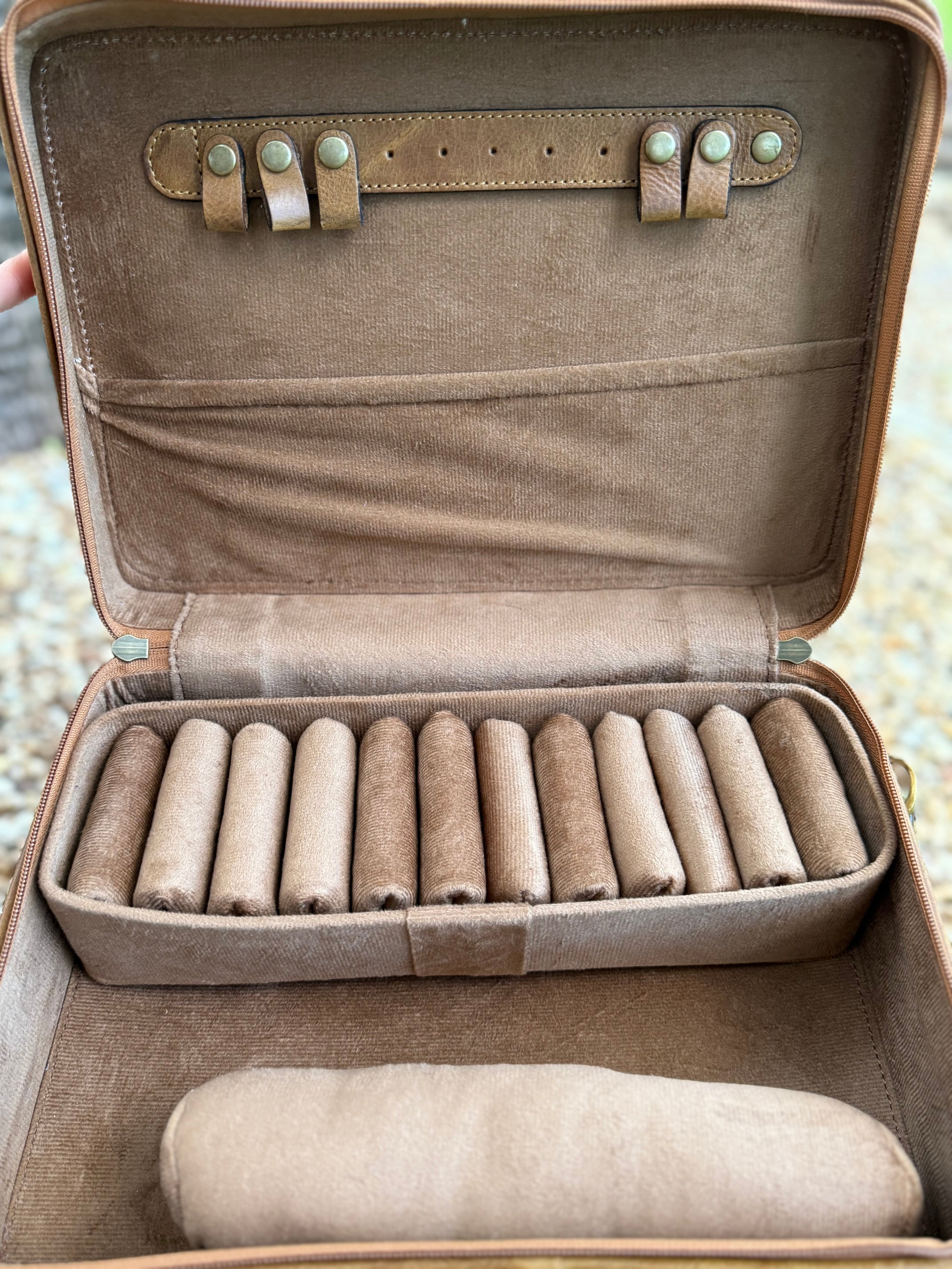 The Double Decker in Tan | Large Tan and White Cowhide and Tooled Leather Jewelry Case