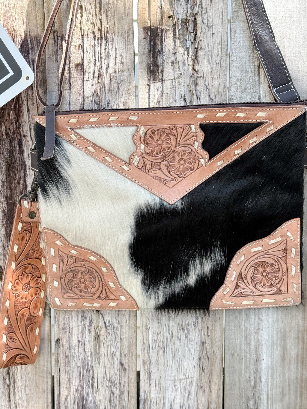 Lariat Luxe | Black and White Cowhide with Tooled Leather Design Handstrap and Removable Crossbody Strap