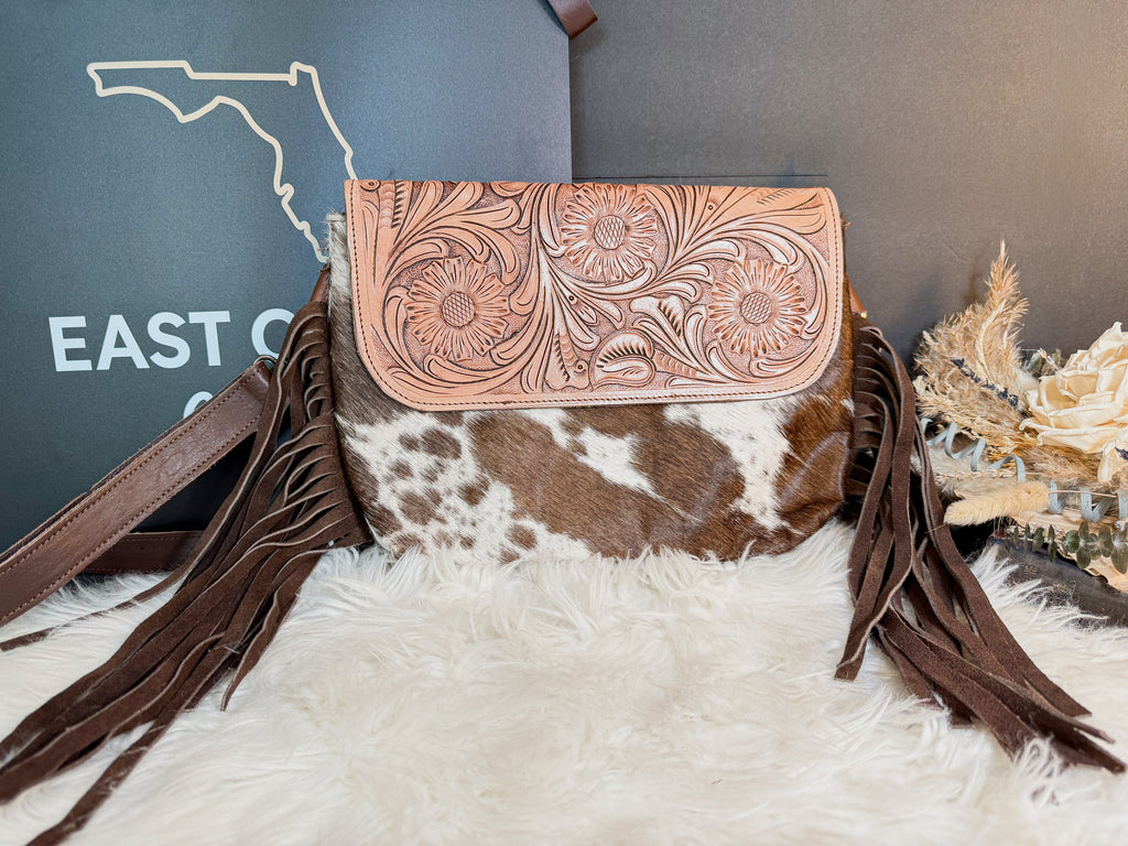 Grit & Grace | Hand Tooled Leather Cowhide and Brown Fringe Crossbody