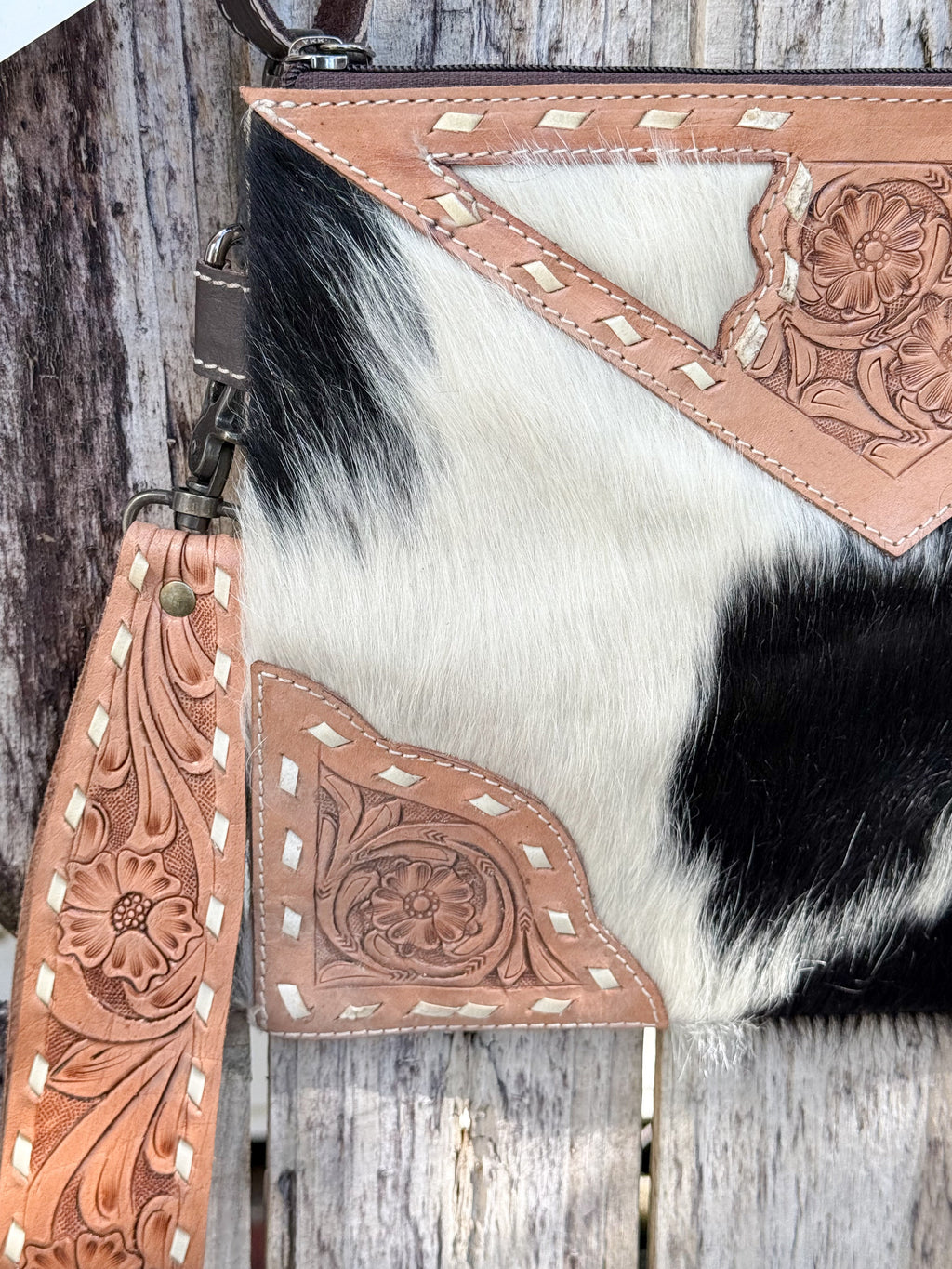 Lariat Luxe | Black and White Cowhide with Tooled Leather Design Handstrap and Removable Crossbody Strap