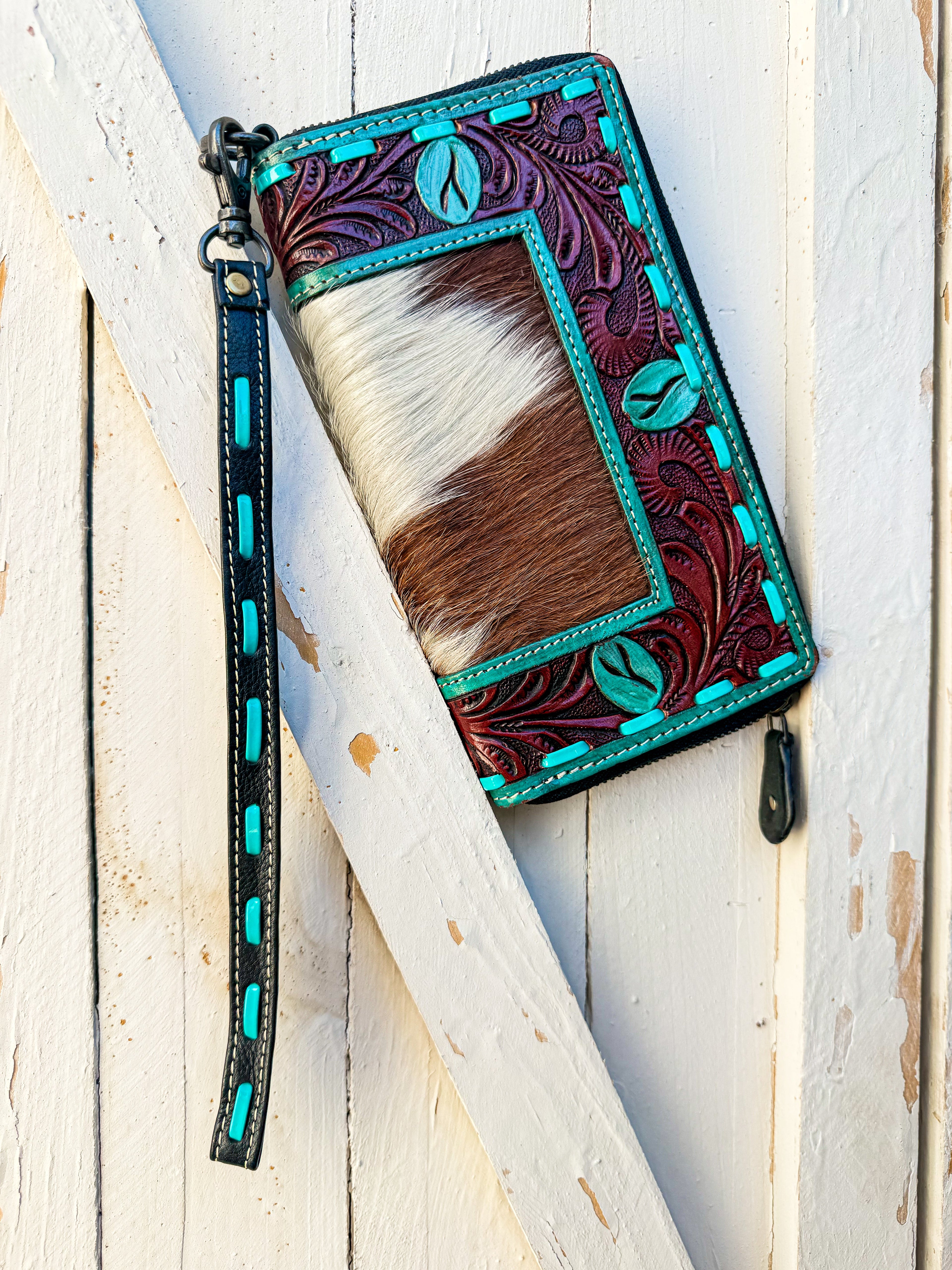 Painted Turquoise Cowhide Phone Wristlet | Tooled Leather Zip Wallet with Detachable Strap, Western Phone Wallet