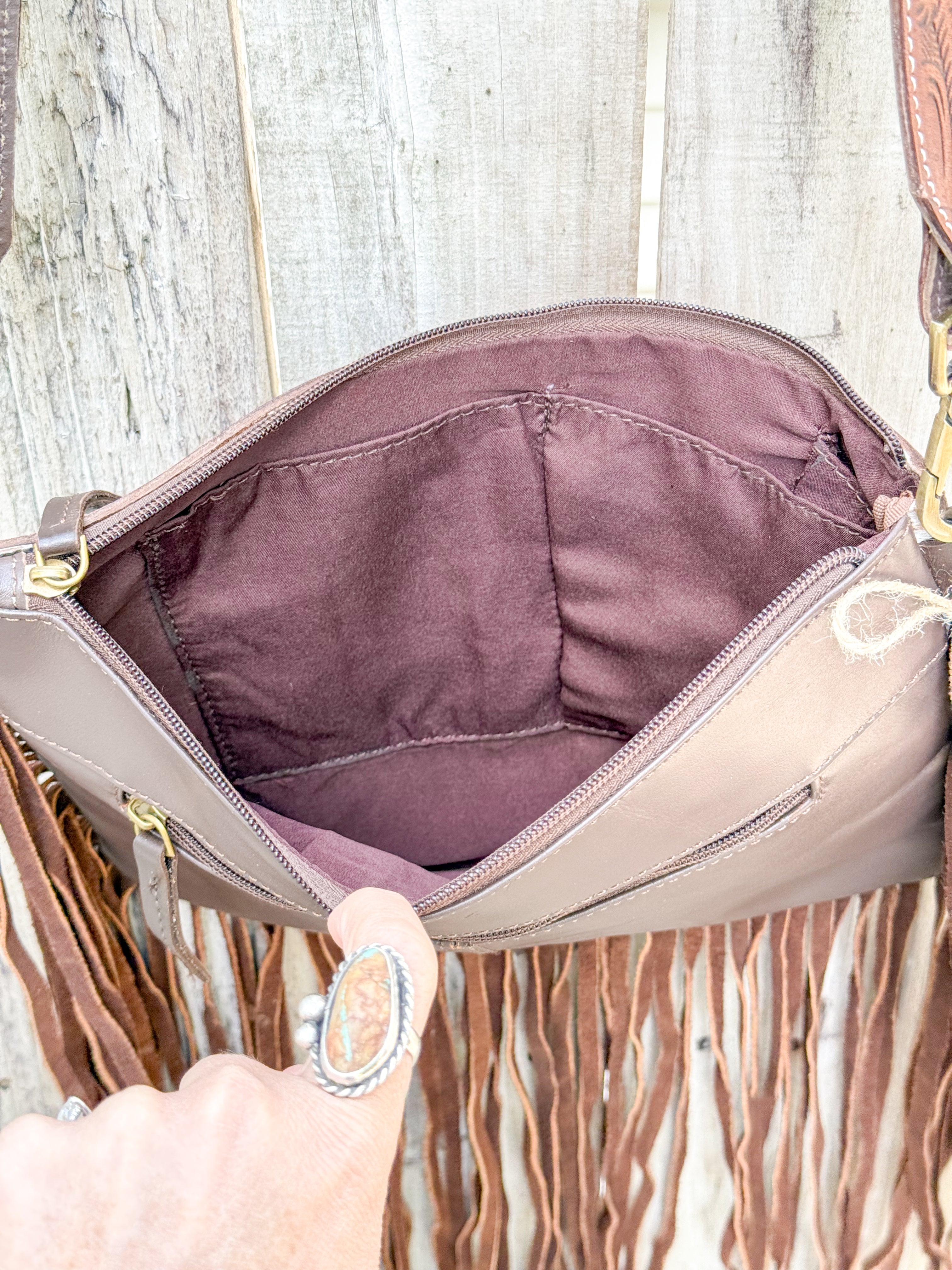 Southwestern Cowhide Fringe Crossbody Bag | Tooled Leather Western Purse
