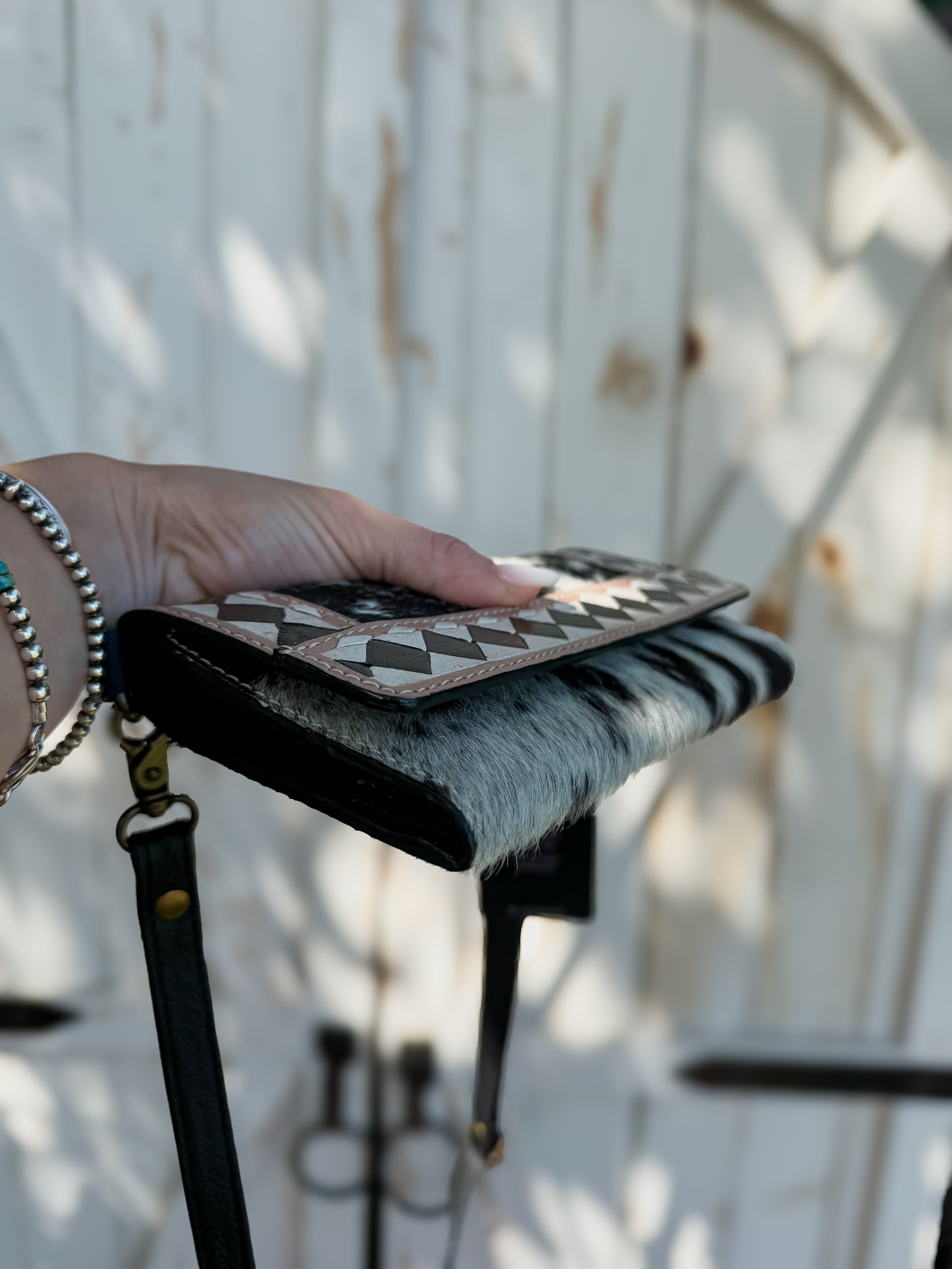 Speed Check Diamond Clutch | Black and White Cowhide Leather Diamond Checkered Convertible Clutch