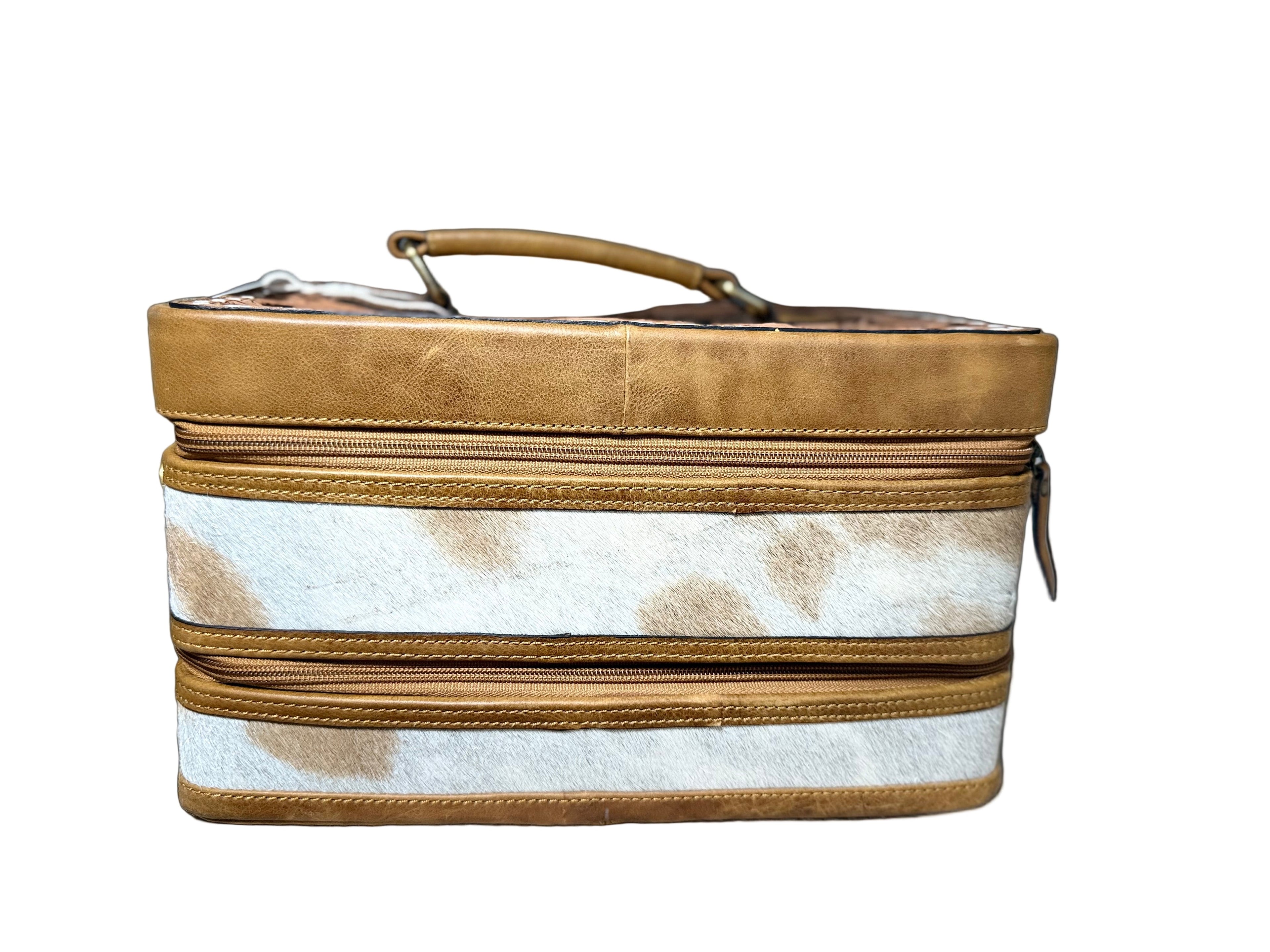 The Double Decker in Tan | Large Tan and White Cowhide and Tooled Leather Jewelry Case
