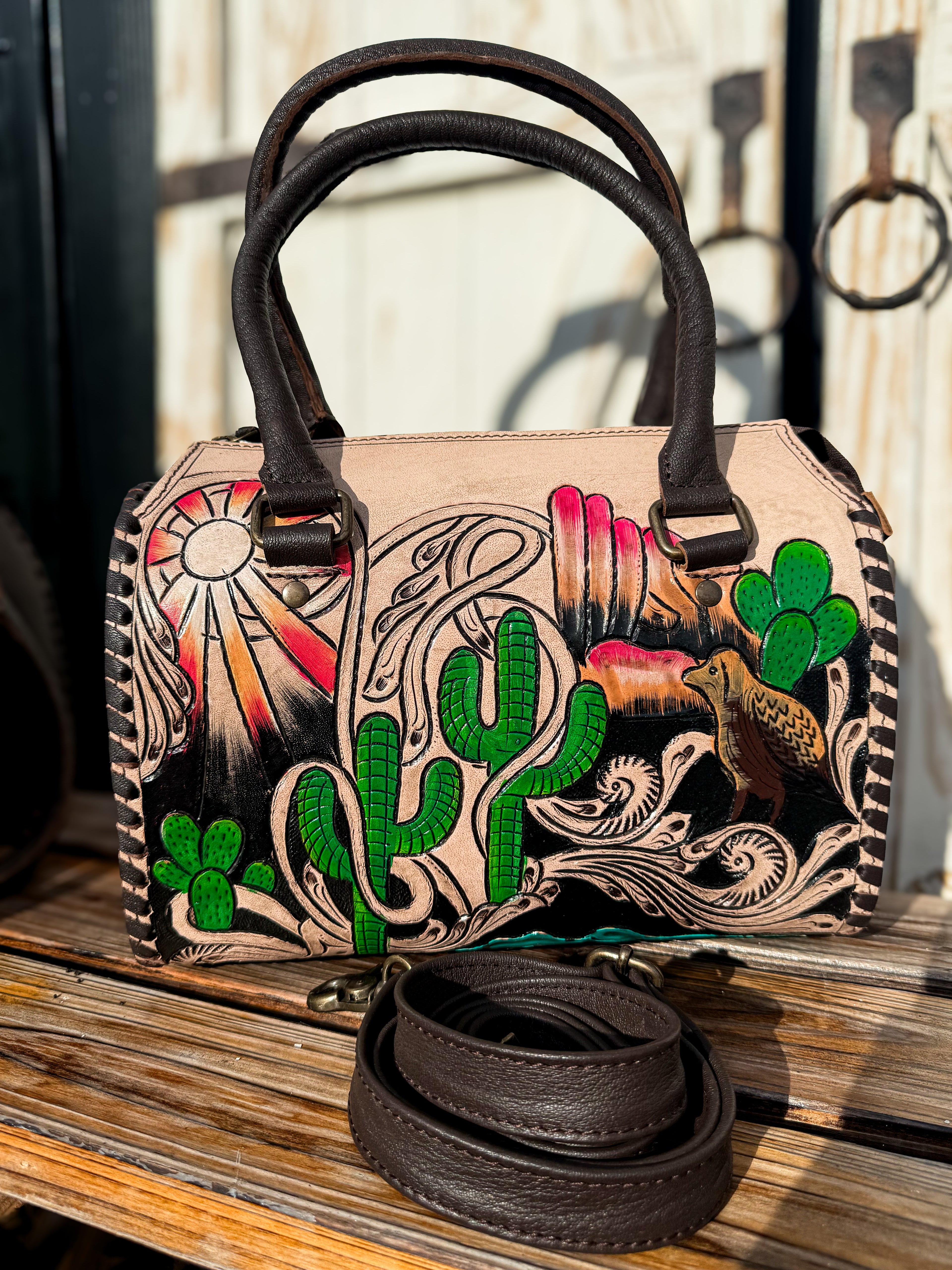 Desert Mirage Tooled Leather Speedy Bag | Hand Painted Western Satchel & Crossbody