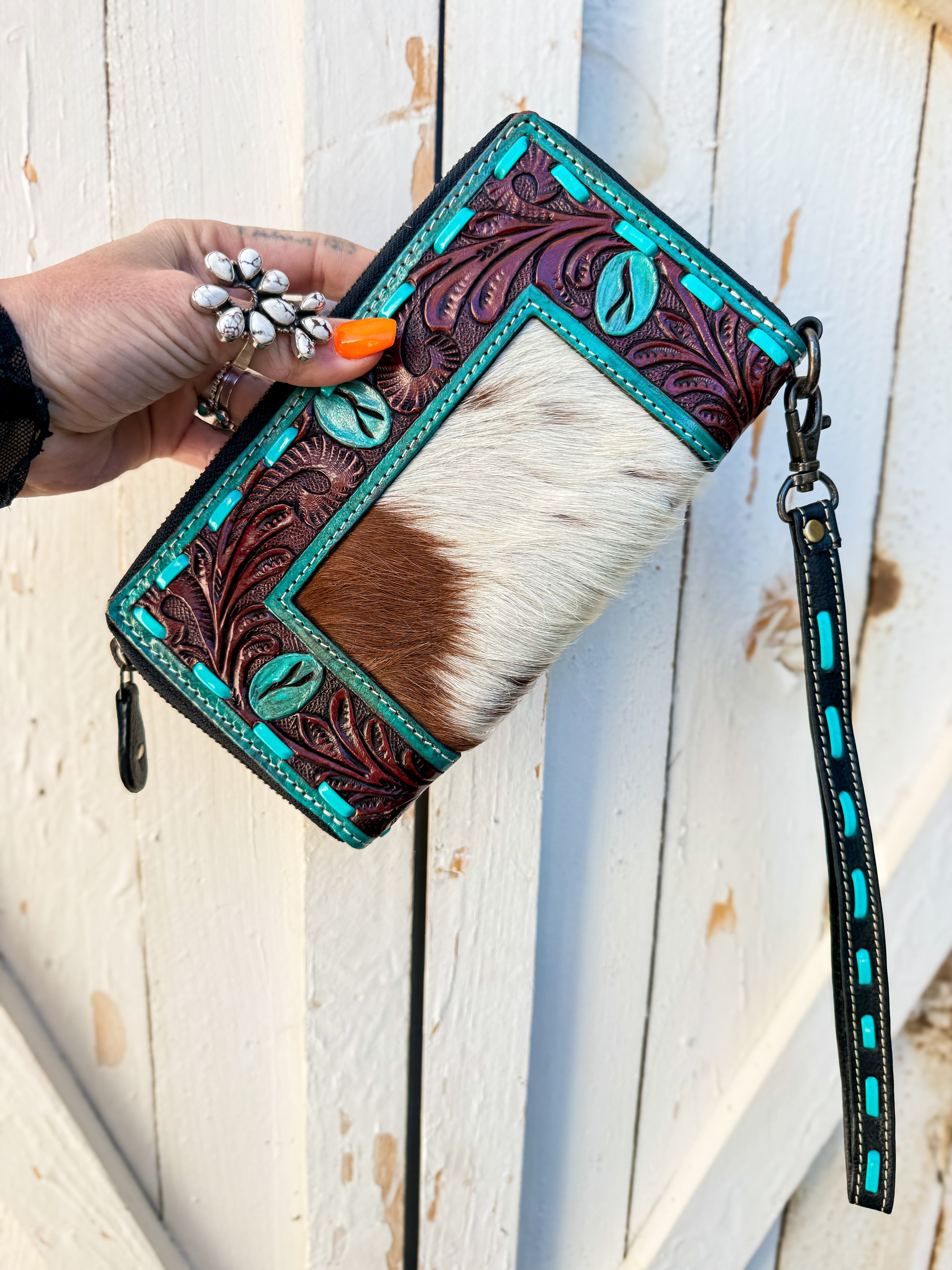 Painted Turquoise Cowhide Phone Wristlet | Tooled Leather Zip Wallet with Detachable Strap, Western Phone Wallet