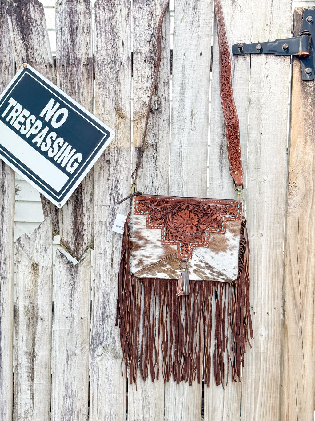 Southwestern Cowhide Fringe Crossbody Bag | Tooled Leather Western Purse