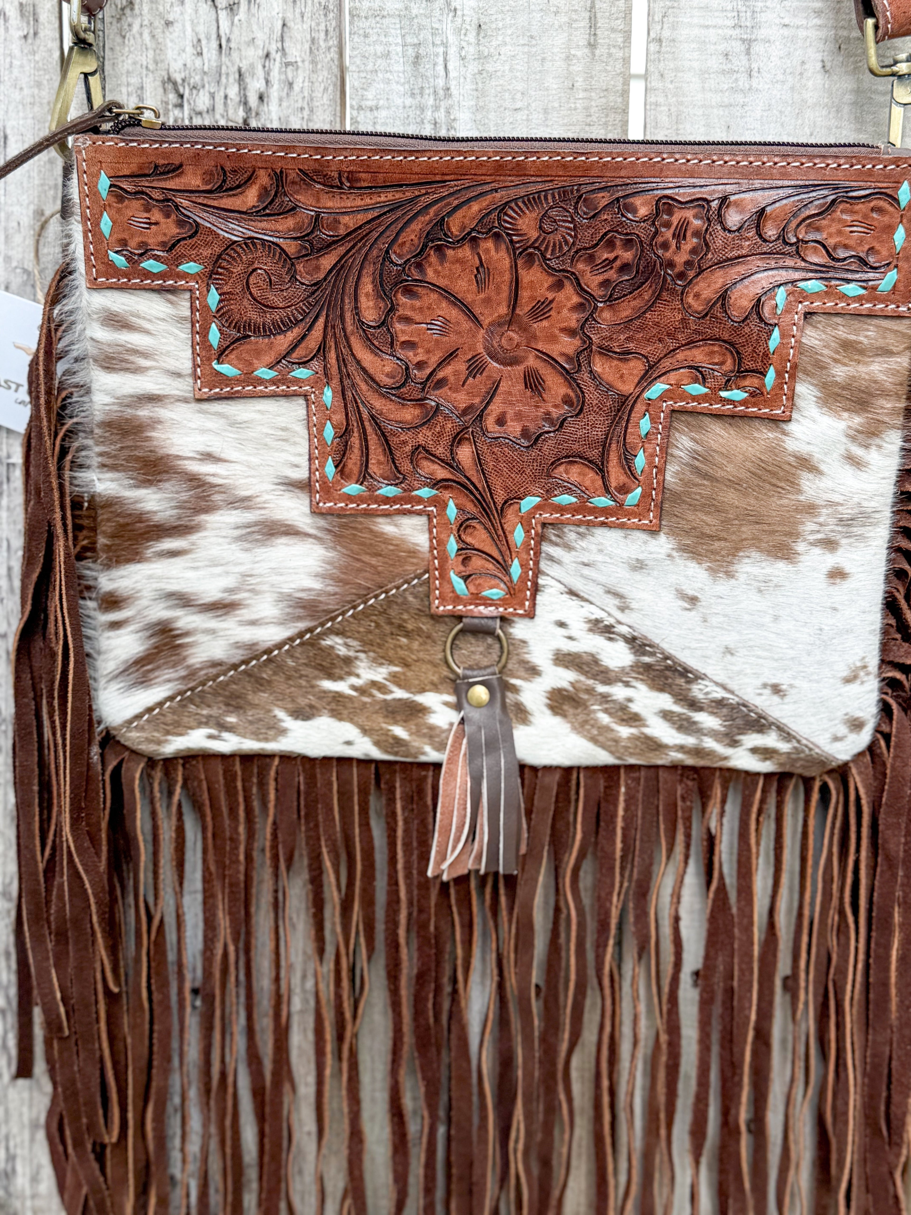 Southwestern Cowhide Fringe Crossbody Bag | Tooled Leather Western Purse