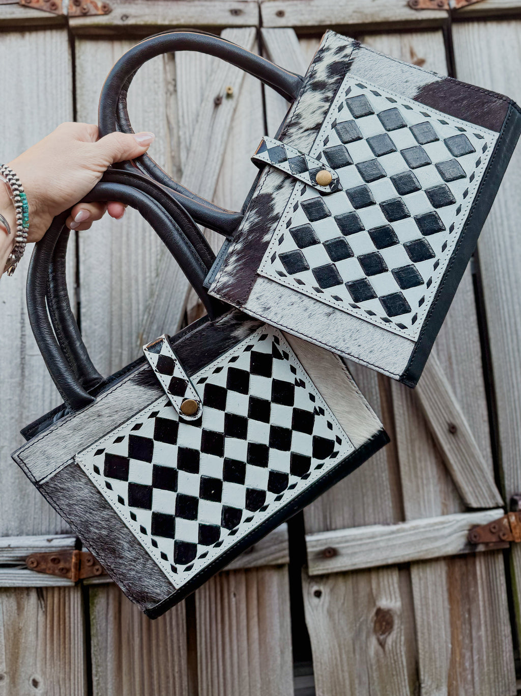 Speed Check Bible Book Carry Cover | Tooled Black and White Checkered Cowhide Bible Carry Cover