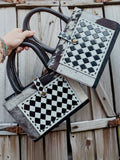 Speed Check Bible Book Carry Cover | Tooled Black and White Checkered Cowhide Bible Carry Cover