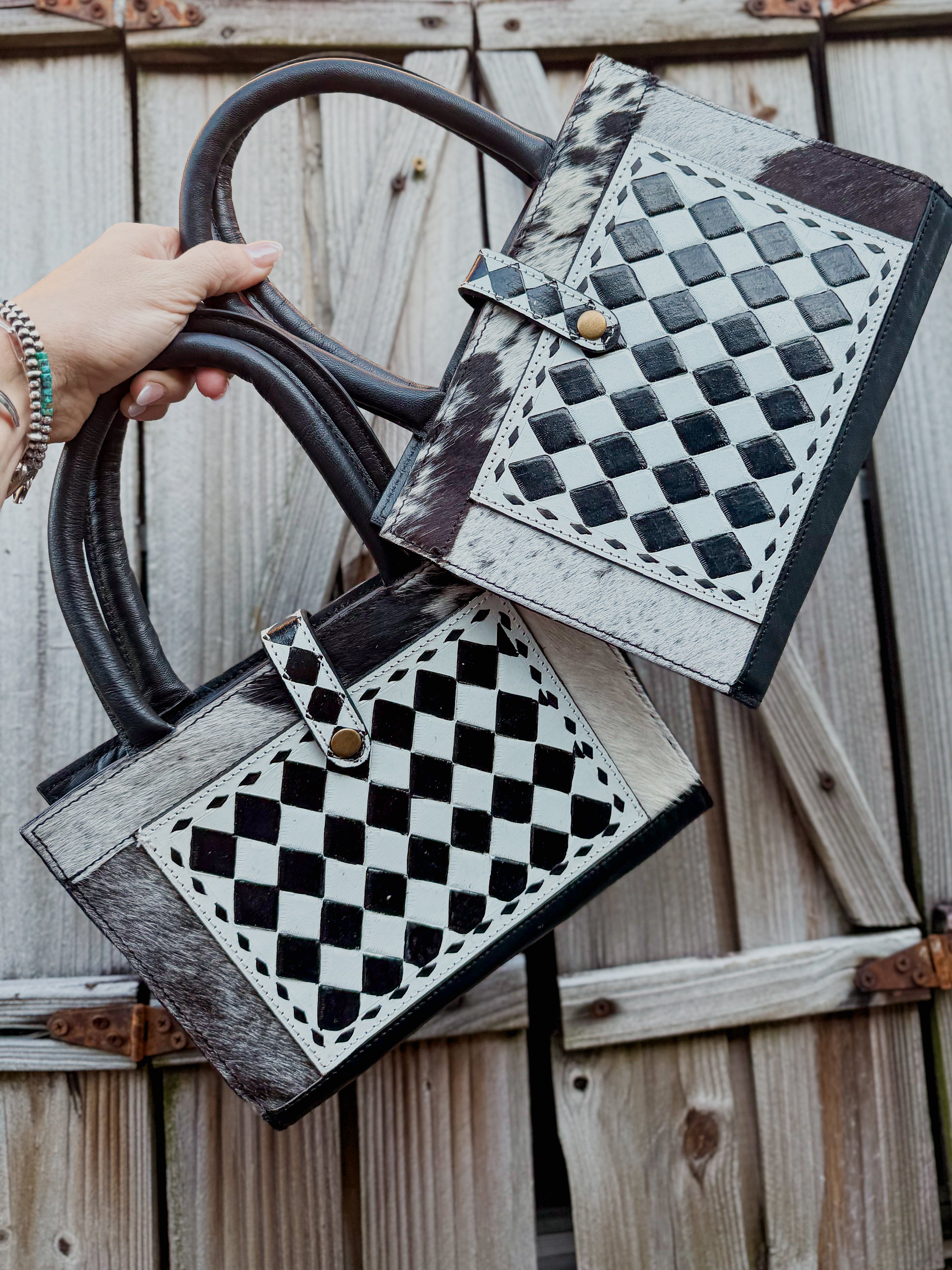 Speed Check Bible Book Carry Cover | Tooled Black and White Checkered Cowhide Bible Carry Cover