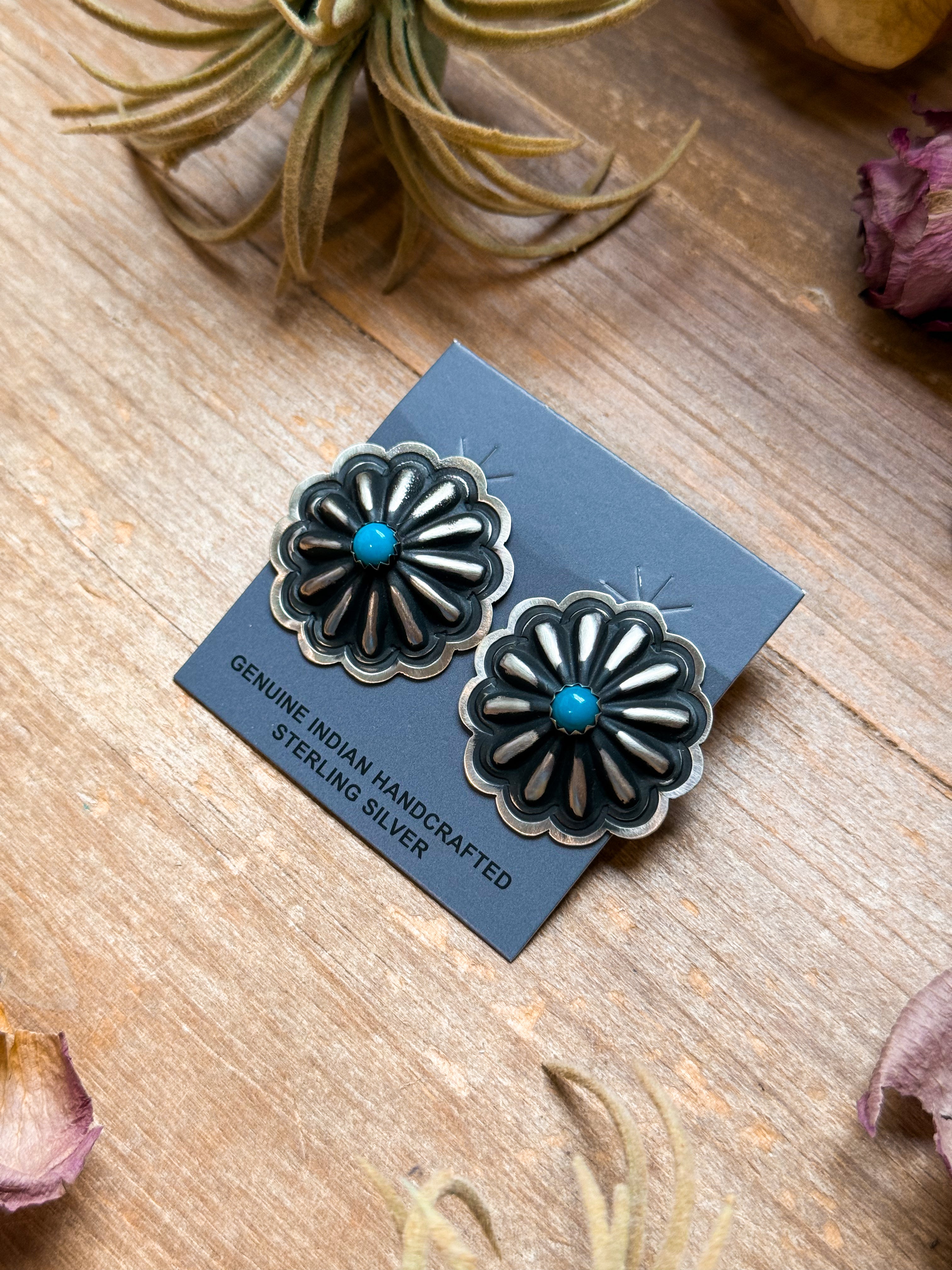 Sterling Silver Concho Earrings with Kingman Turquoise