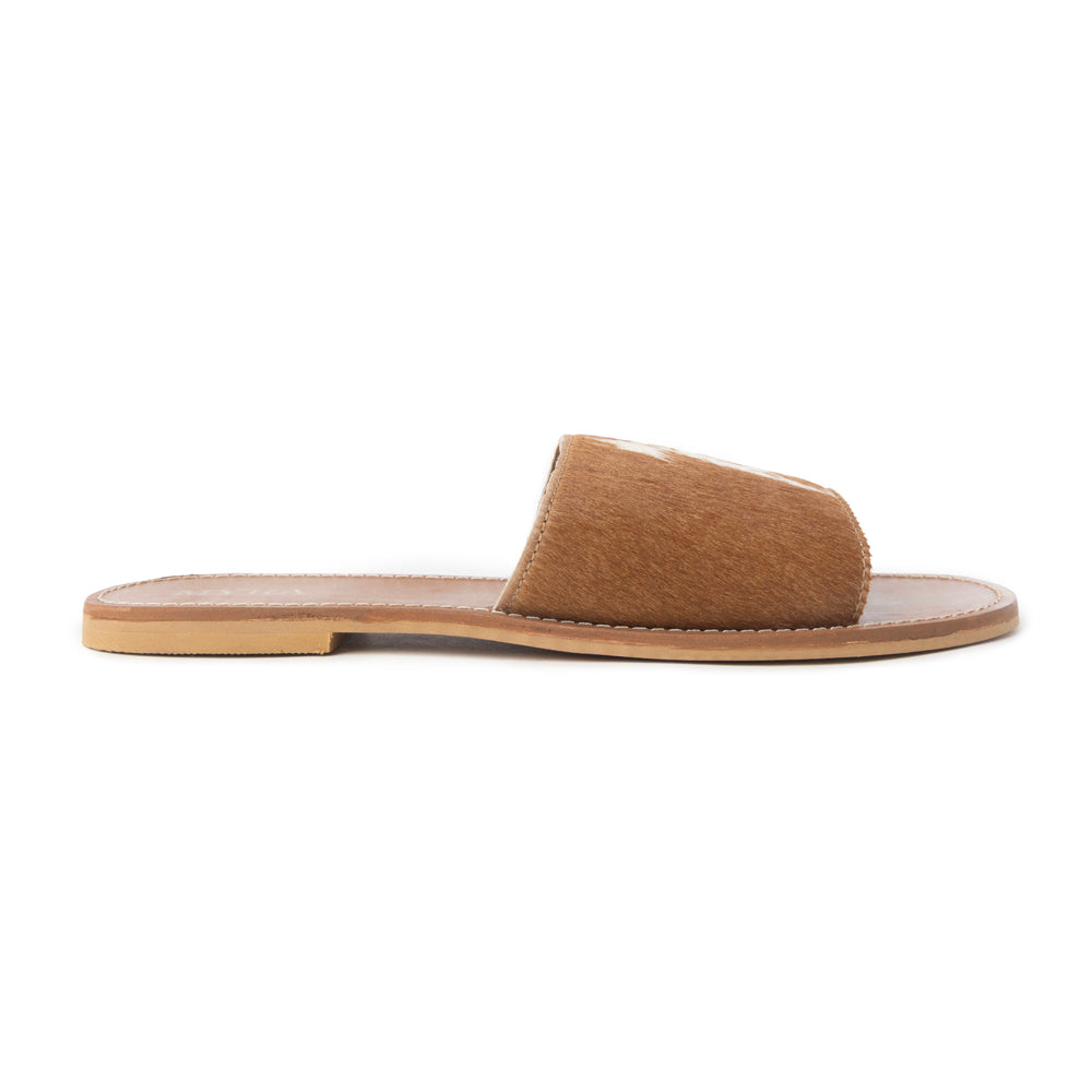 Myra Kemma Hairon Slide Sandals for Women â€“ Comfortable Flat Slides with Tan & White Speckle Print for Western Summer Outings